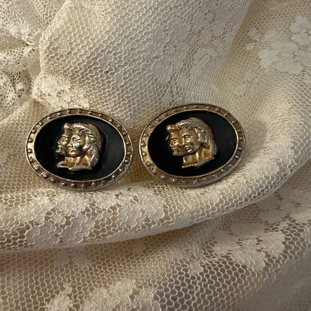 Vintage Cuff Links Gold TONED Black Inlay - Rare